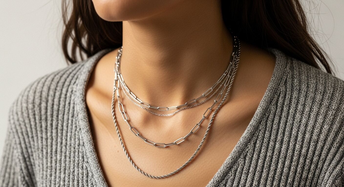 tampilan jarak dekat dari seorang wanita yang mengenakan kalung rantai perak berlapis dan sweter bergaris abu-abu