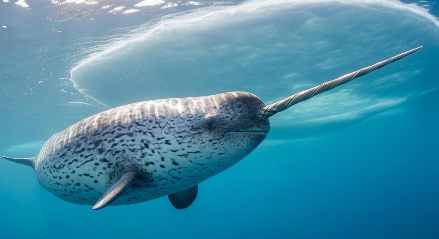Narwhal berenang di bawah air dengan gading spiralnya yang panjang terlihat di air laut biru jernih.
