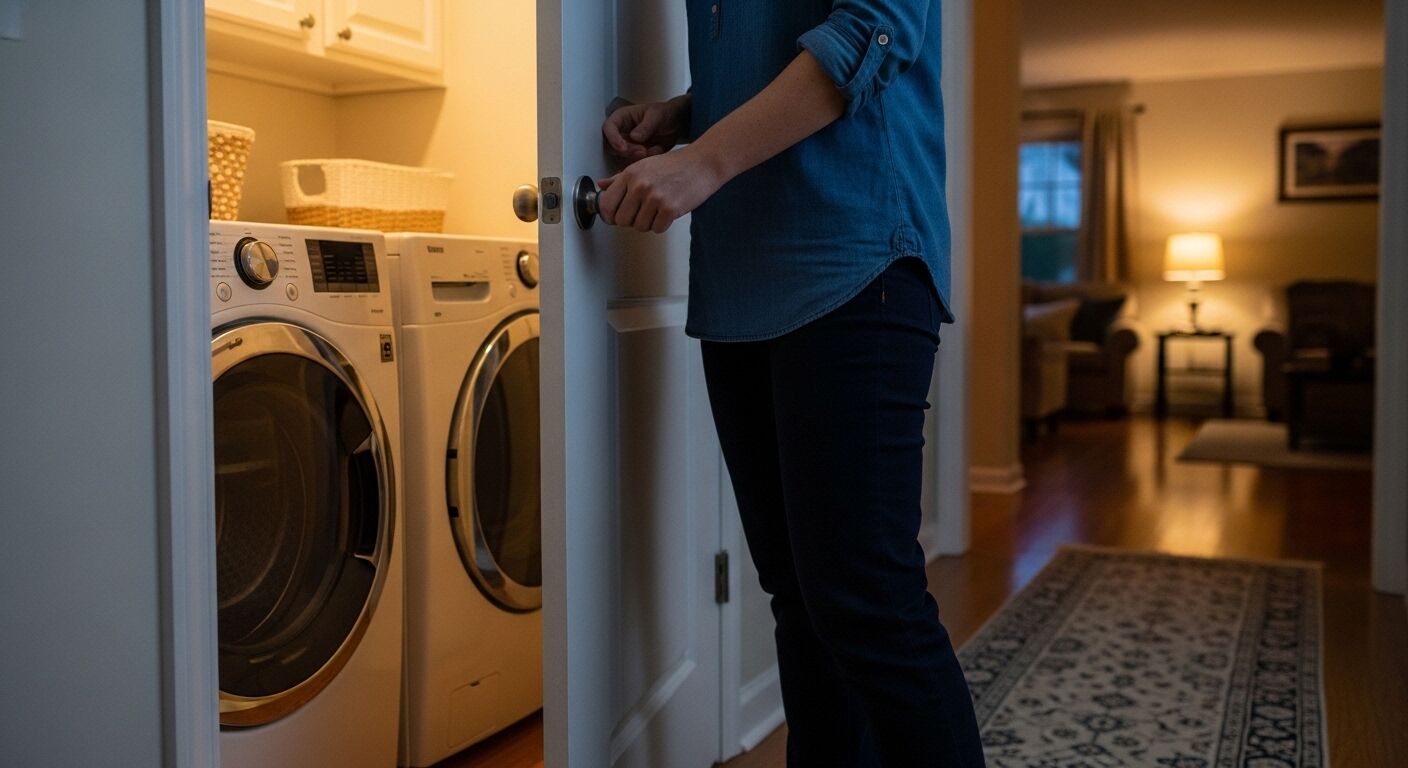 Orang yang membuka pintu ruang cuci memperlihatkan mesin cuci dan pengering Samsung di dalam lorong rumah saat senja