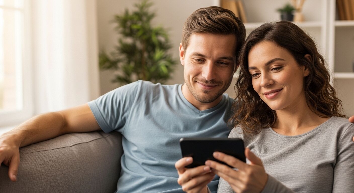 Pasangan yang duduk di sofa tersenyum dan melihat smartphone bersama di ruang tamu.