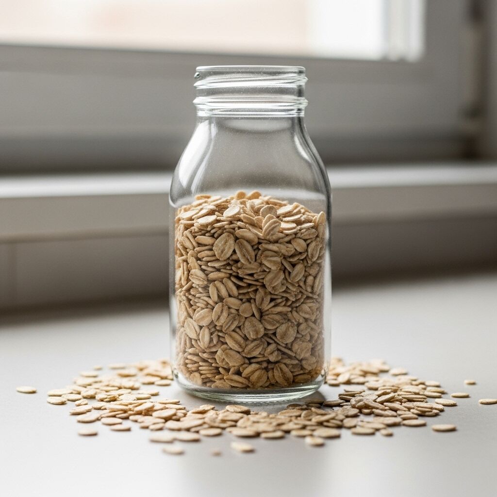 Toples kaca berisi oat gulung yang dikelilingi oat berserakan di permukaan putih