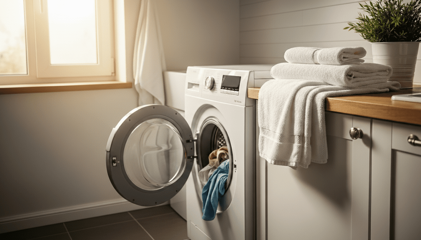 Mesin cuci bukaan depan dengan pintu terbuka dan pakaian di dalamnya di samping handuk putih terlipat di atas meja kayu