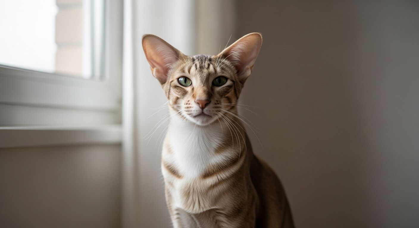Kucing Oriental Shorthair dengan mata hijau duduk di dekat jendela dengan tirai putih dan latar belakang netral.