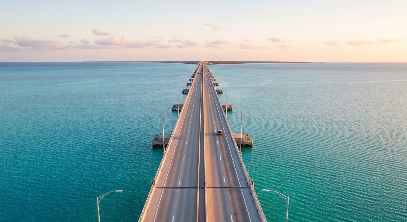 Pemandangan udara dari jembatan panjang yang membentang di atas air laut berwarna biru kehijauan dengan satu mobil melaju di atasnya.