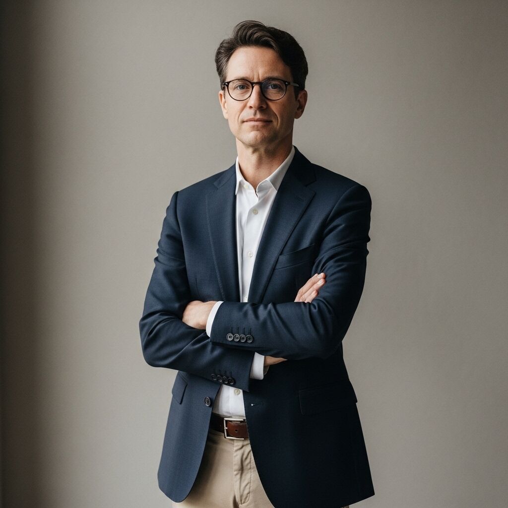 Pria berkacamata, blazer biru tua, kemeja putih, dan celana krem ​​​​berdiri dengan tangan disilangkan dengan latar belakang polos