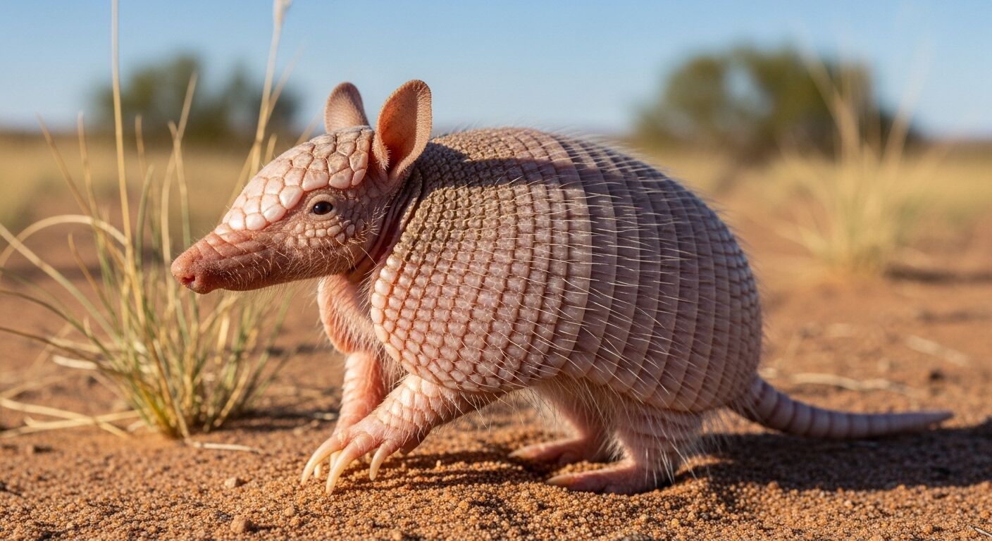 Armadillo bergaris sembilan berjalan di tanah berpasir dengan rumput tipis di bawah langit cerah.