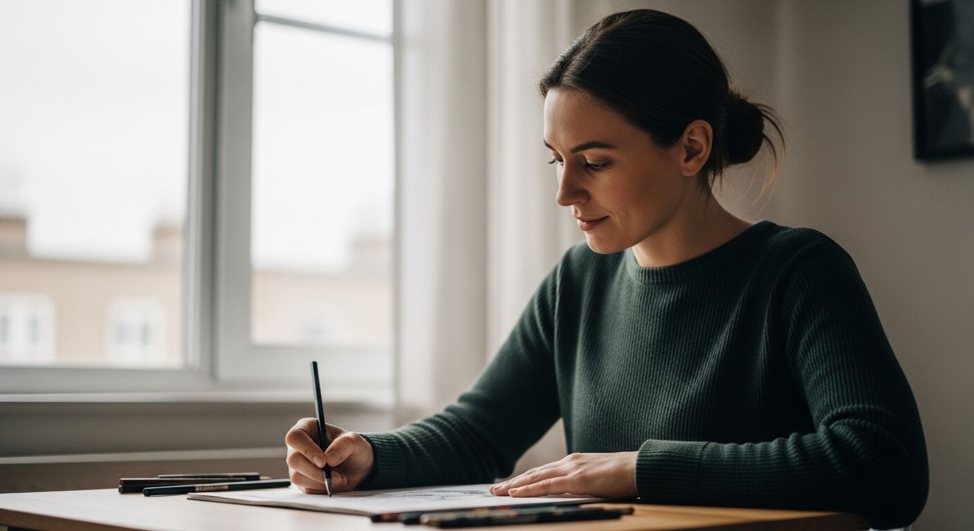 Wanita dengan sweter hijau tua menggambar dengan pensil di meja kayu dekat jendela