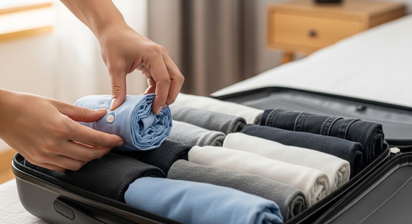 Tangan-tangan sedang mengemasi koper berisi kemeja dan celana berbagai warna yang tergulung rapi di atas ranjang.