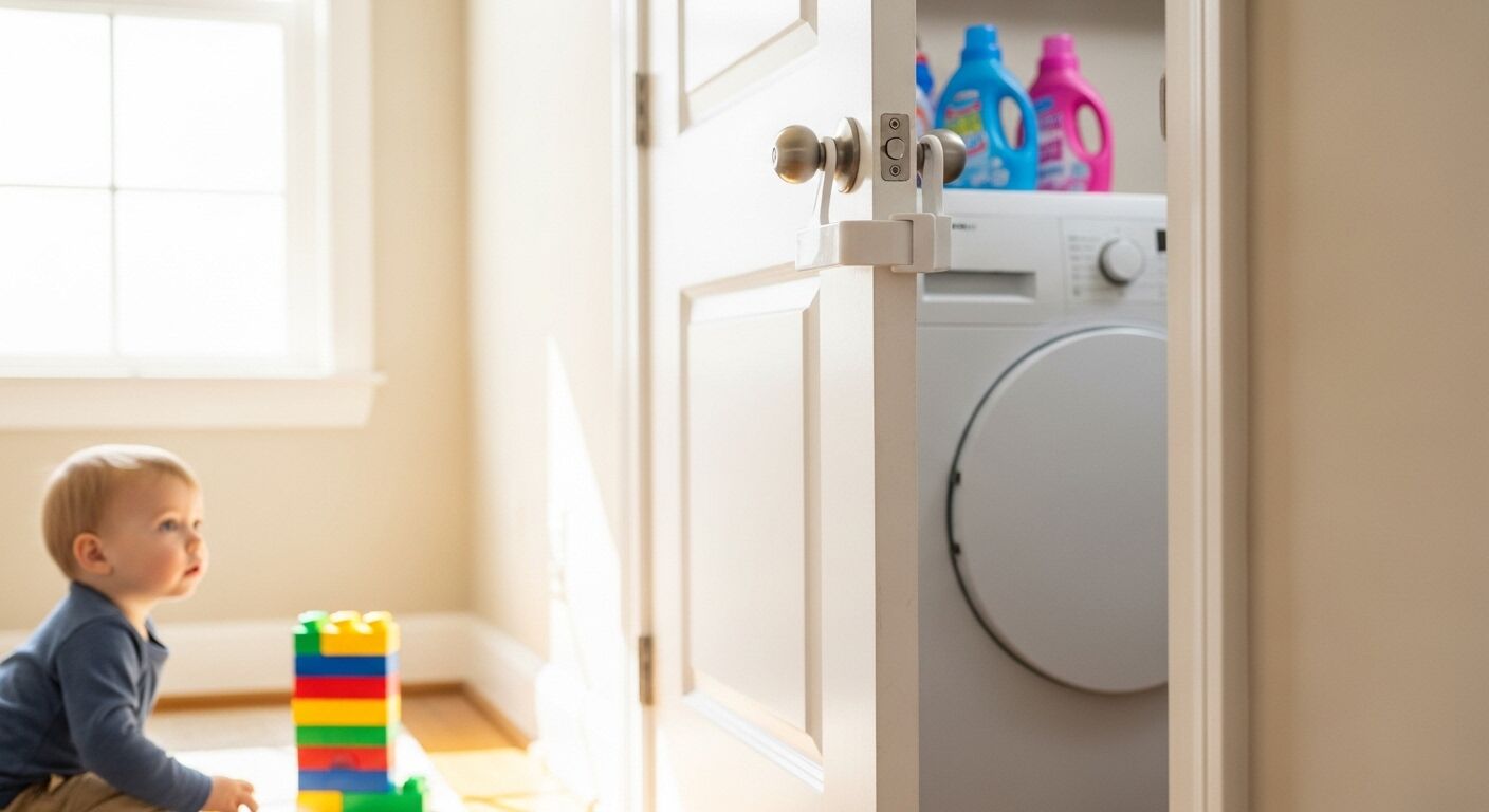 Balita bermain dengan balok bangunan berwarna-warni di dekat pintu ruang cuci yang diamankan dengan kunci pengaman anak.