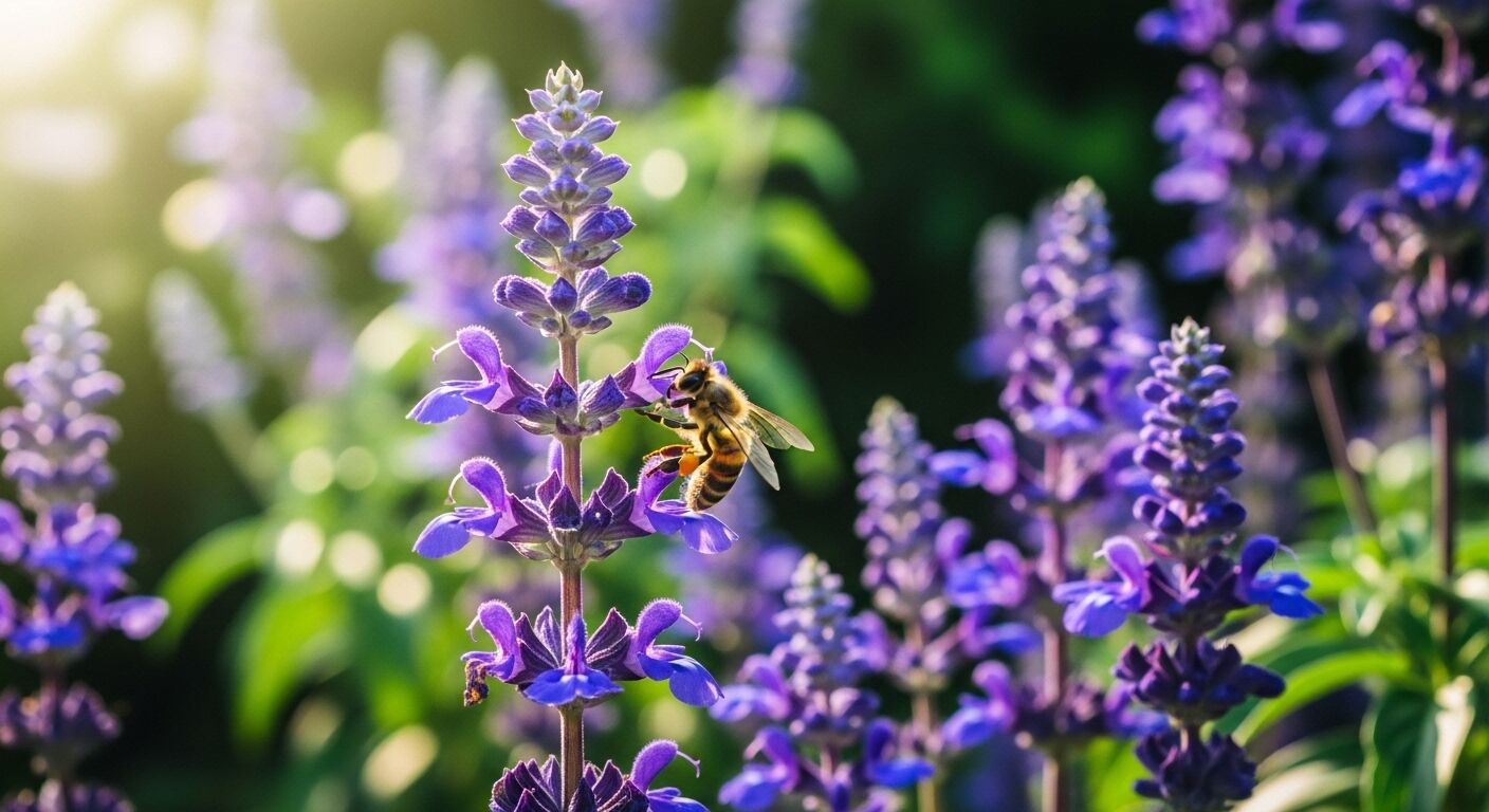 Lebah madu mengumpulkan nektar dari bunga lavender ungu di bawah sinar matahari