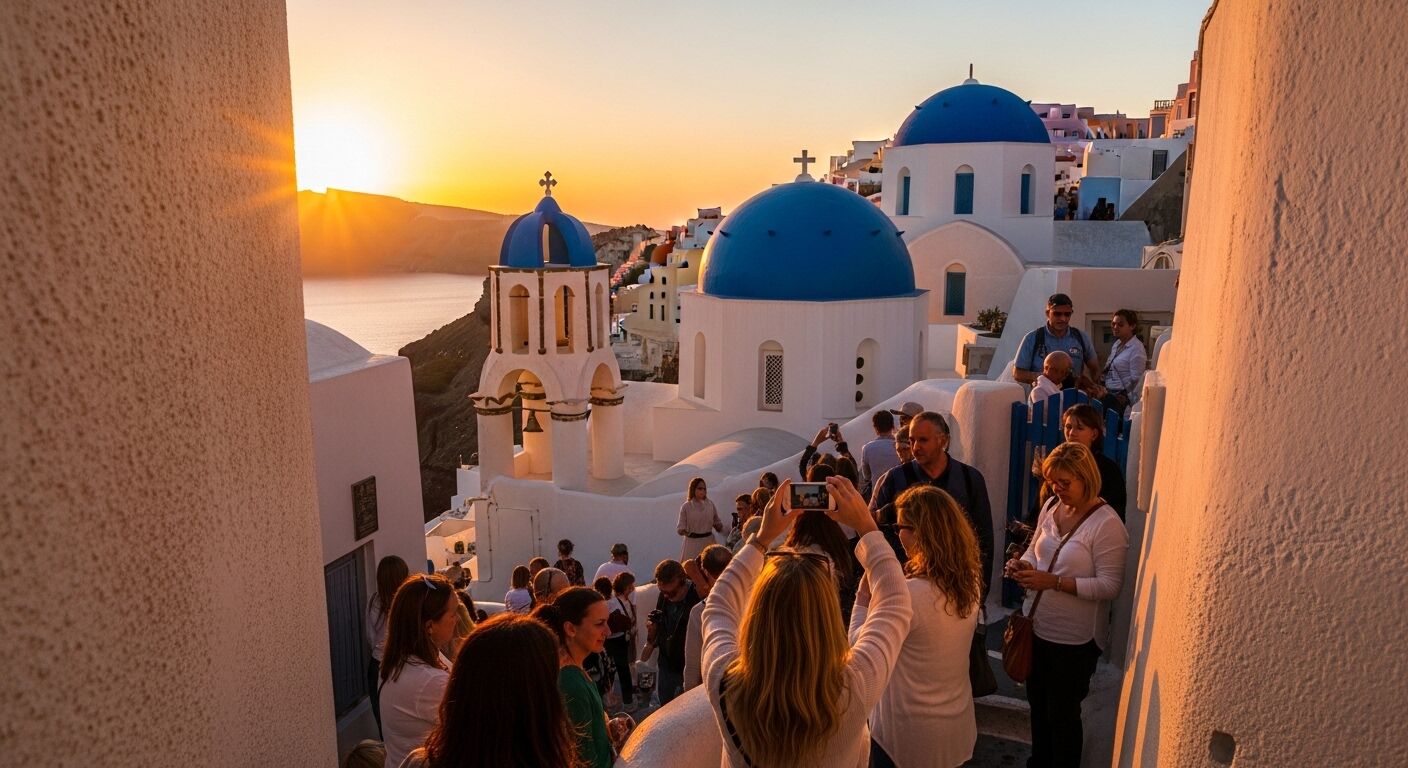 Wisatawan memotret matahari terbenam di atas bangunan putih dengan kubah biru di Santorini, Yunani.