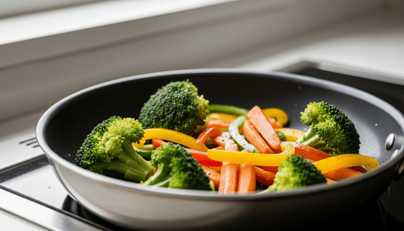 Brokoli, wortel, dan irisan paprika dimasak dalam wajan hitam di atas kompor