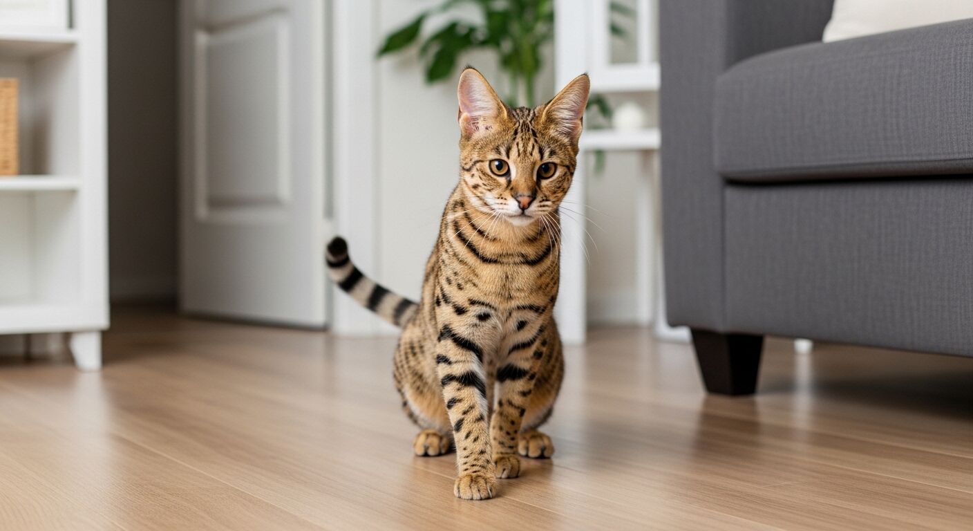 Kucing Bengal dengan bulu berbintik dan bergaris berjalan di lantai kayu di ruang tamu modern.