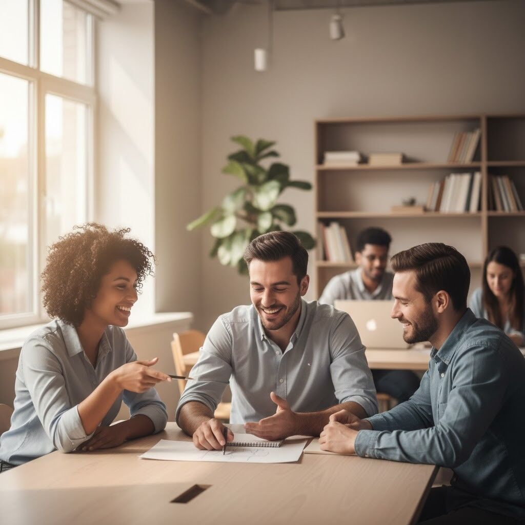 Tiga rekan kerja tersenyum dan mendiskusikan catatan di meja di kantor modern yang terang.