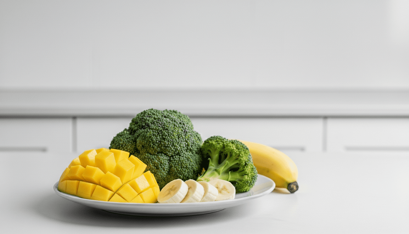 Piring dengan mangga potong dadu, kuntum brokoli, irisan pisang, dan pisang utuh di permukaan putih