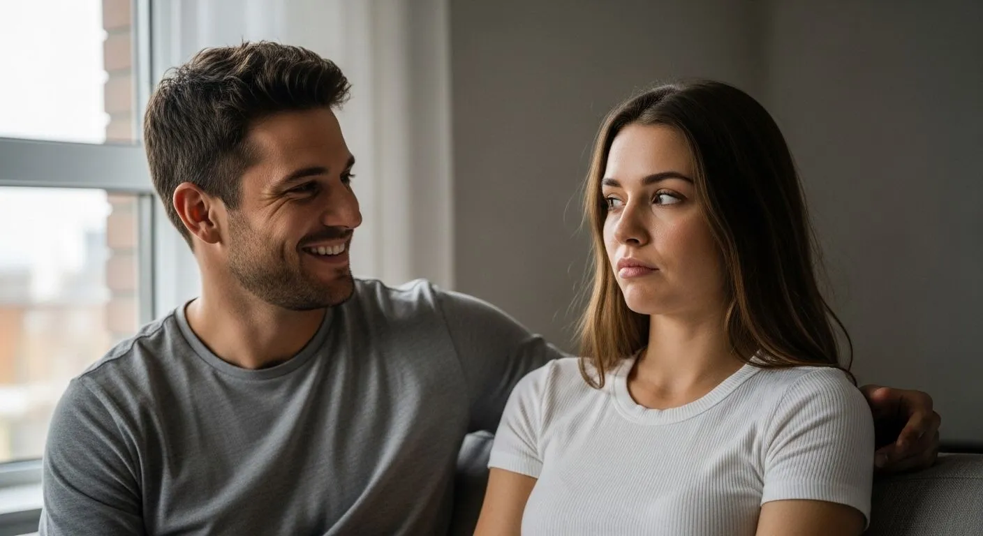 Pria tersenyum pada wanita yang memalingkan muka dengan ekspresi serius sambil duduk di sofa dekat jendela