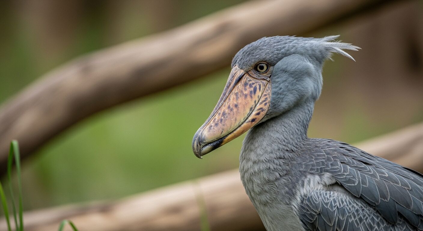 bangau shoebill dengan paruh berbintik besar dan bulu abu-abu bertengger di dekat dahan kayu