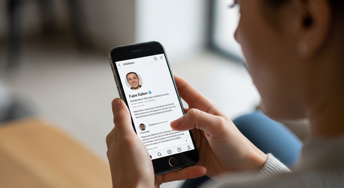 Orang yang memegang ponsel cerdas menampilkan profil media sosial untuk Galer Palsu dengan lencana terverifikasi.