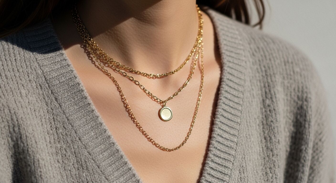 Tampilan jarak dekat dari seseorang yang mengenakan kalung rantai emas berlapis dengan liontin bundar dan sweter rajutan abu-abu.