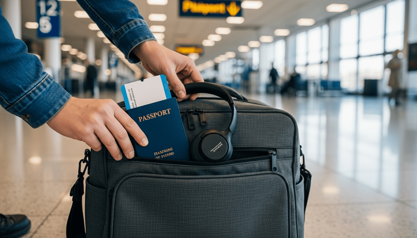 Tangan menempatkan paspor, boarding pass, dan headphone ke dalam tas perjalanan abu-abu di terminal bandara