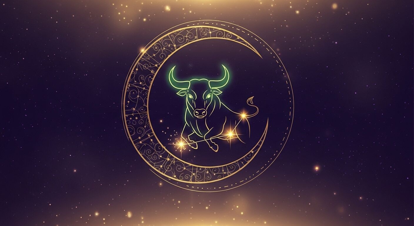 Konstelasi banteng zodiak Taurus bersinar di dalam bulan sabit berornamen dengan latar belakang malam berbintang