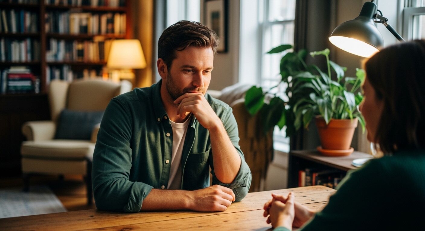 Pria berkemeja hijau mendengarkan wanita selama percakapan di meja kayu di ruangan yang nyaman dengan rak buku dan tanaman