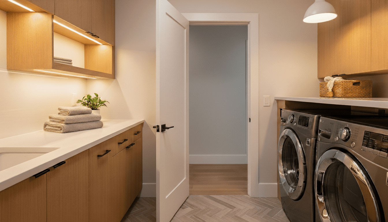 Ruang cuci modern dengan tumpukan handuk, tanaman dalam pot, serta mesin cuci dan pengering bukaan depan di bawah lemari kayu