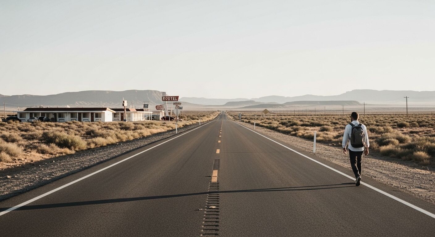 Pria dengan ransel berjalan di sepanjang jalan raya gurun yang kosong dekat motel dengan tanda Rute 1
