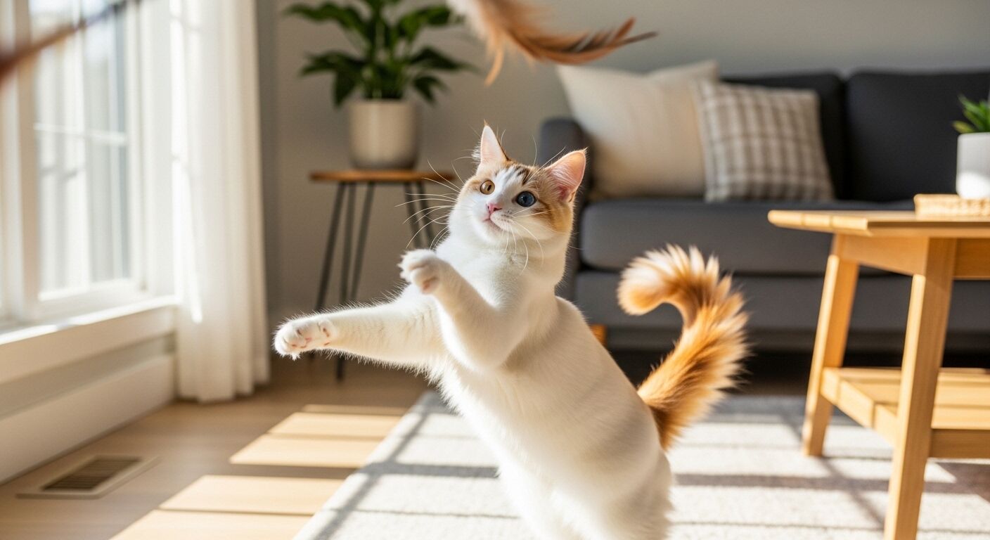 Kucing putih dan oranye dengan heterochromia bermain dengan mainan bulu di ruang tamu yang diterangi matahari