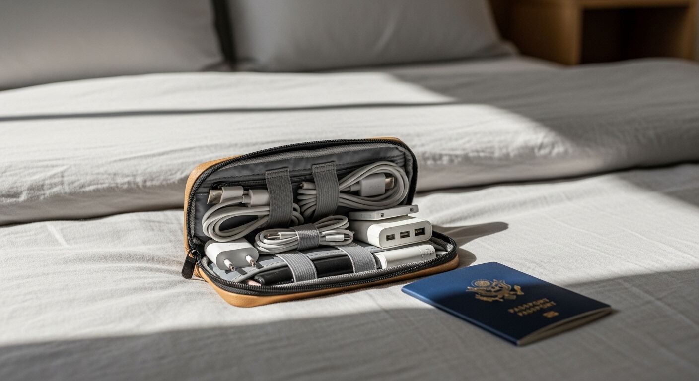 Kantong pengatur perjalanan dengan kabel pengisi daya dan adaptor di samping paspor AS di tempat tidur