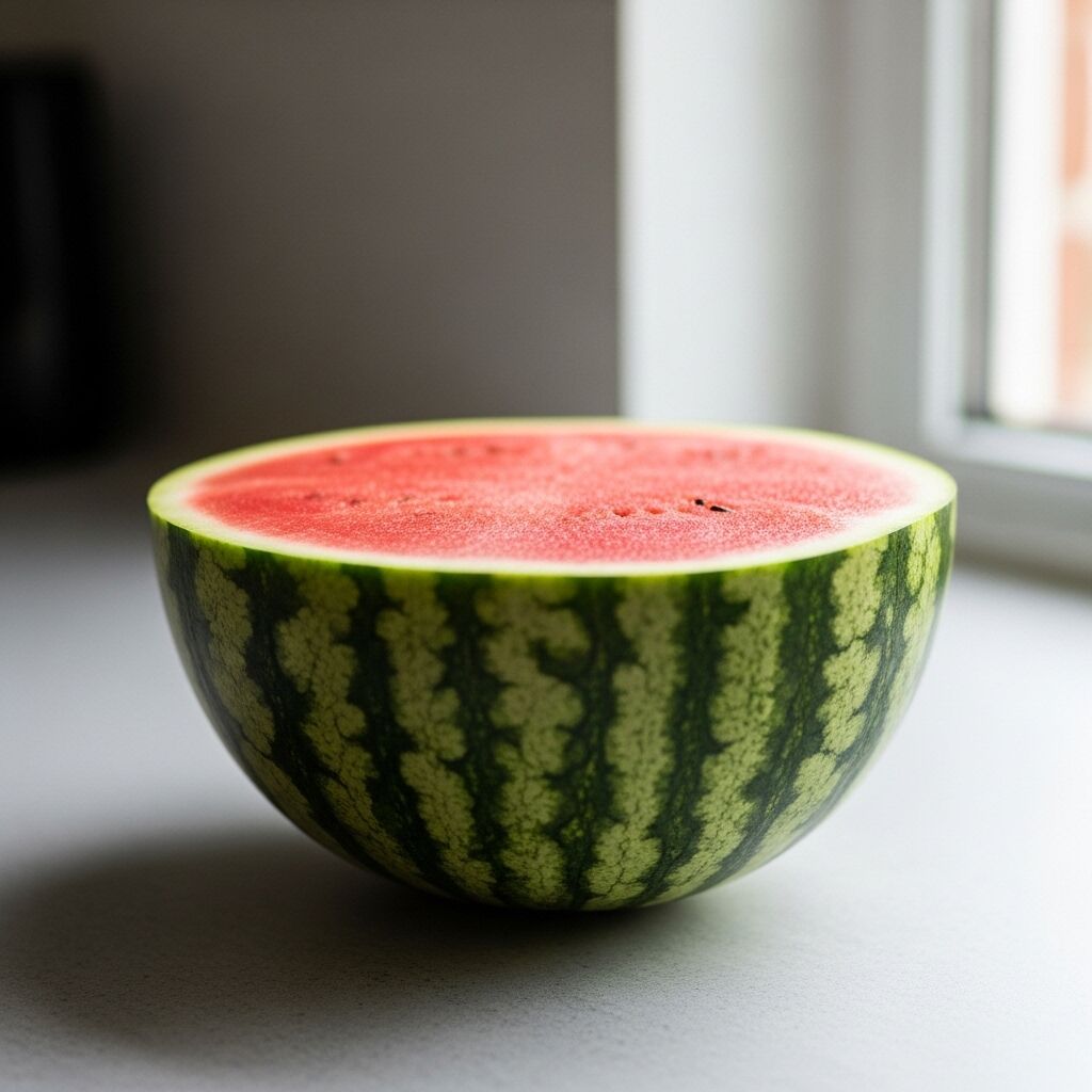 Setengah semangka matang dengan daging merah dan kulit bergaris hijau pada permukaan putih dekat jendela