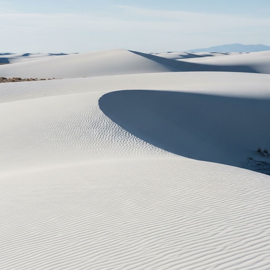 Bukit pasir putih dengan tekstur bergelombang dan bayangan di bawah langit cerah, kemungkinan besar merupakan Taman Nasional White Sands.