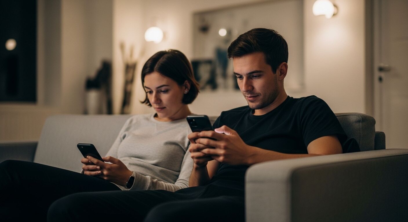 Pria dan wanita muda duduk di sofa menggunakan smartphone di ruangan yang remang-remang.