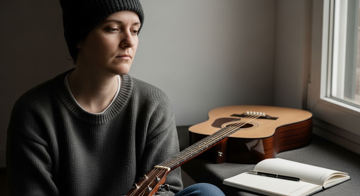 Seseorang dengan beanie hitam dan sweter abu-abu duduk di dekat gitar akustik dan buku catatan terbuka di dekat jendela