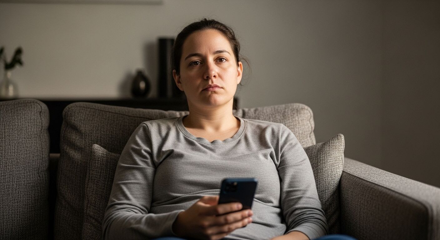 Wanita berkemeja abu-abu duduk di sofa abu-abu sambil memegang smartphone dengan ekspresi netral