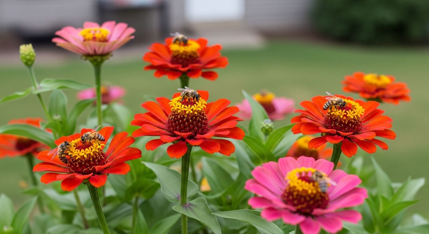 Lebah mengumpulkan nektar dari bunga zinnia merah dan merah muda di taman.