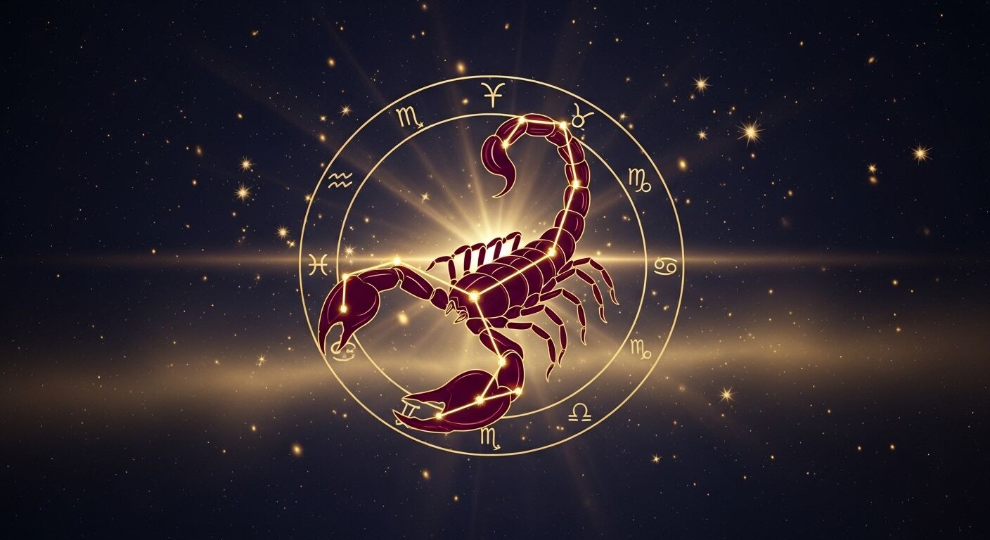 Konstelasi tanda zodiak Scorpio bersinar dengan simbol astrologi di sekitarnya dengan latar belakang berbintang.