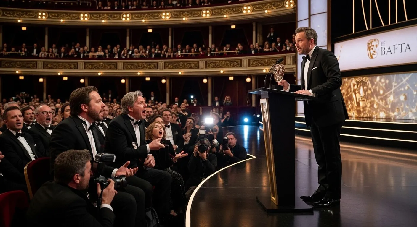 Aktor yang memegang penghargaan BAFTA memberikan pidato di atas panggung pada upacara BAFTA dengan penonton dan fotografer yang terlibat.