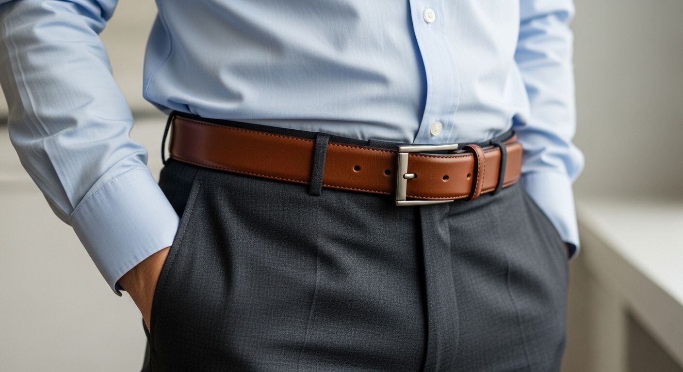 Pria mengenakan kemeja biru muda, celana abu-abu tua, dan ikat pinggang kulit coklat dengan gesper perak