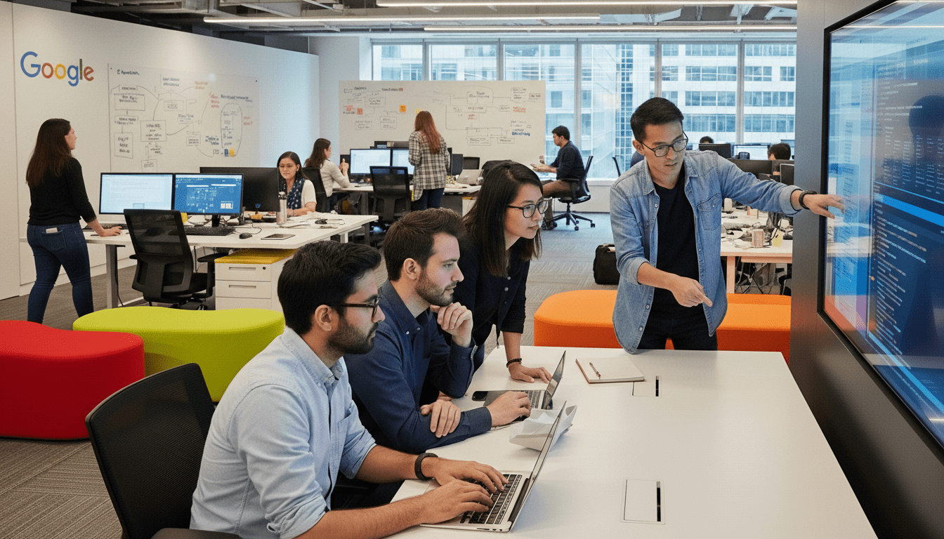 Tim kantor Google yang berkolaborasi dalam pengkodean ditampilkan di layar besar dengan laptop dan papan tulis di latar belakang