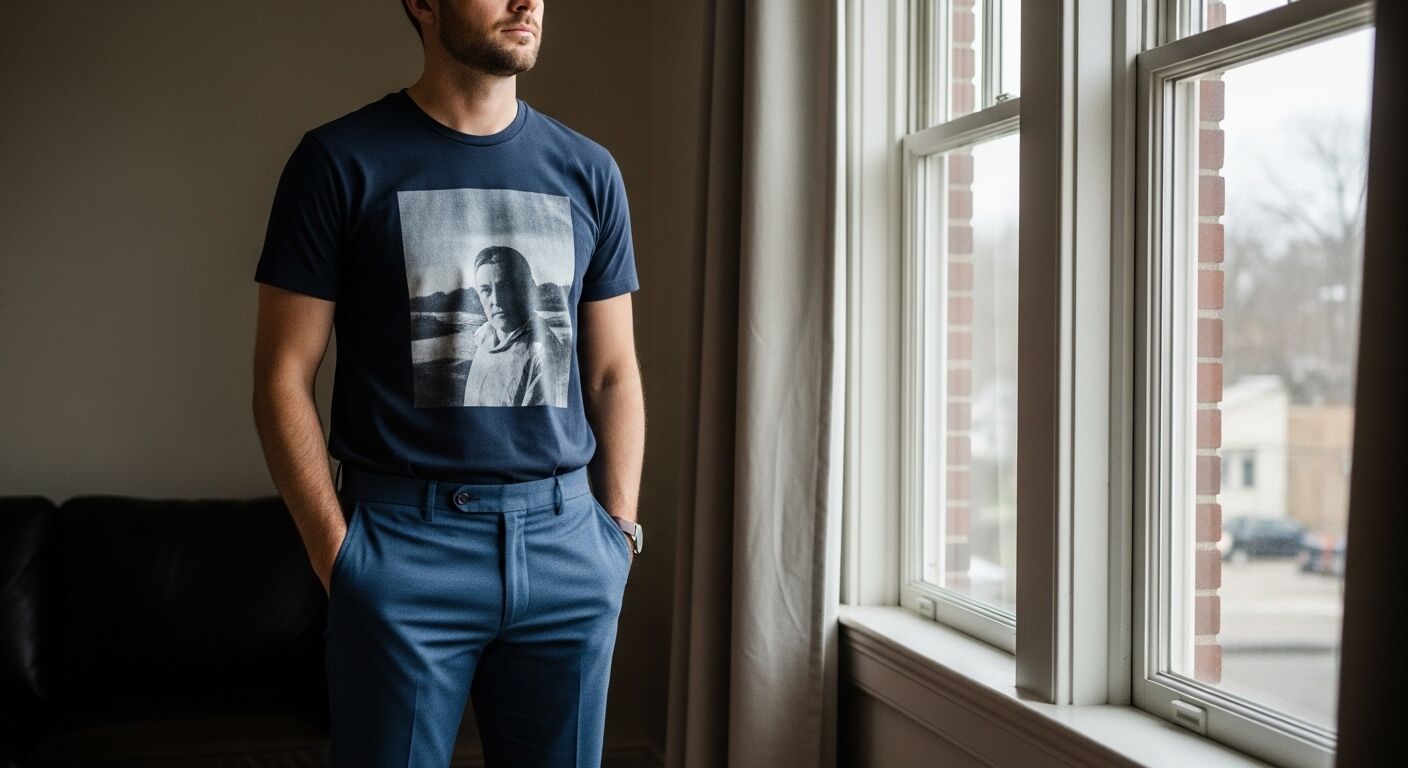 Pria yang mengenakan kaos biru laut dengan cetakan potret hitam putih berdiri di dekat jendela dengan tangan di saku celana biru.