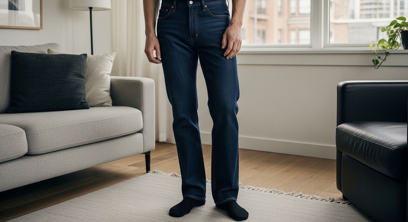 Seseorang yang mengenakan jeans biru tua dan kaus kaki hitam berdiri di atas karpet di ruang tamu modern.