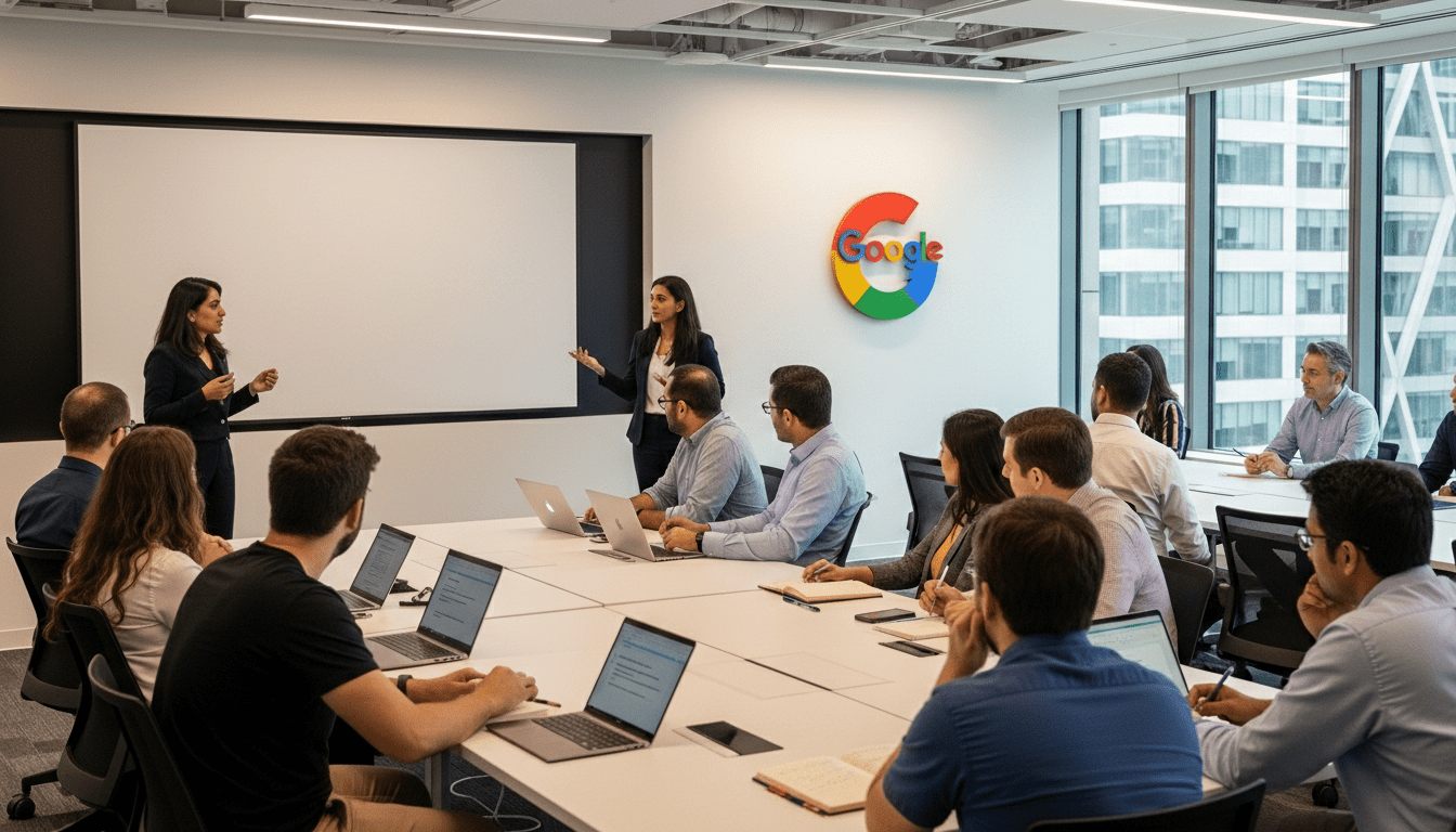 Dua wanita melakukan presentasi kepada sekelompok profesional di ruang konferensi kantor Google dengan laptop dan buku catatan.