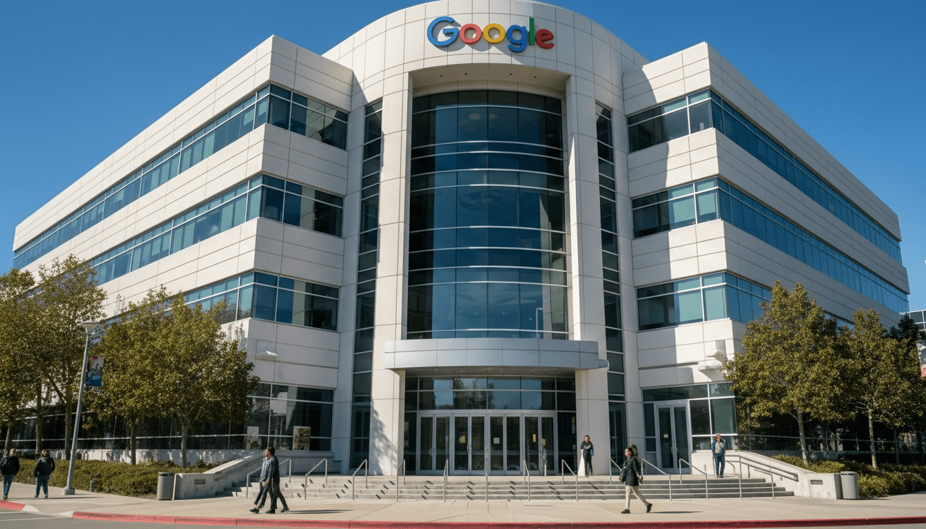 Gedung kantor Google dengan orang-orang berjalan di luar di bawah langit biru cerah