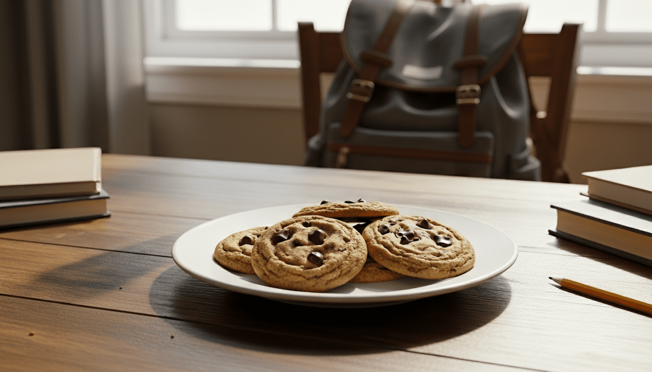 Sepiring kue keping coklat di atas meja kayu dengan buku, pensil, dan ransel di latar belakang