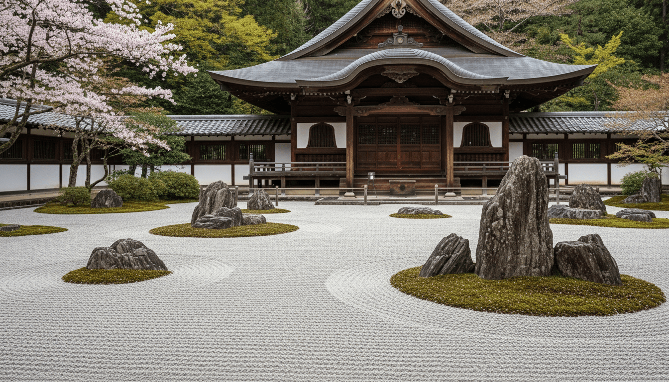 Taman batu Zen dengan pulau kerikil dan lumut di depan kuil tradisional Jepang dan bunga sakura.