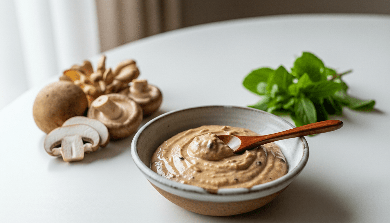 Semangkuk saus jamur krim dengan sendok kayu, jamur segar, dan rempah hijau di atas meja putih.