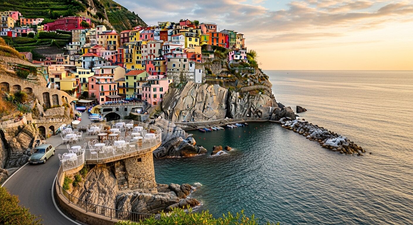Desa Manarola di tepi tebing berwarna-warni, Cinque Terre, Italia dengan teras luar ruangan dan laut yang tenang saat matahari terbenam.