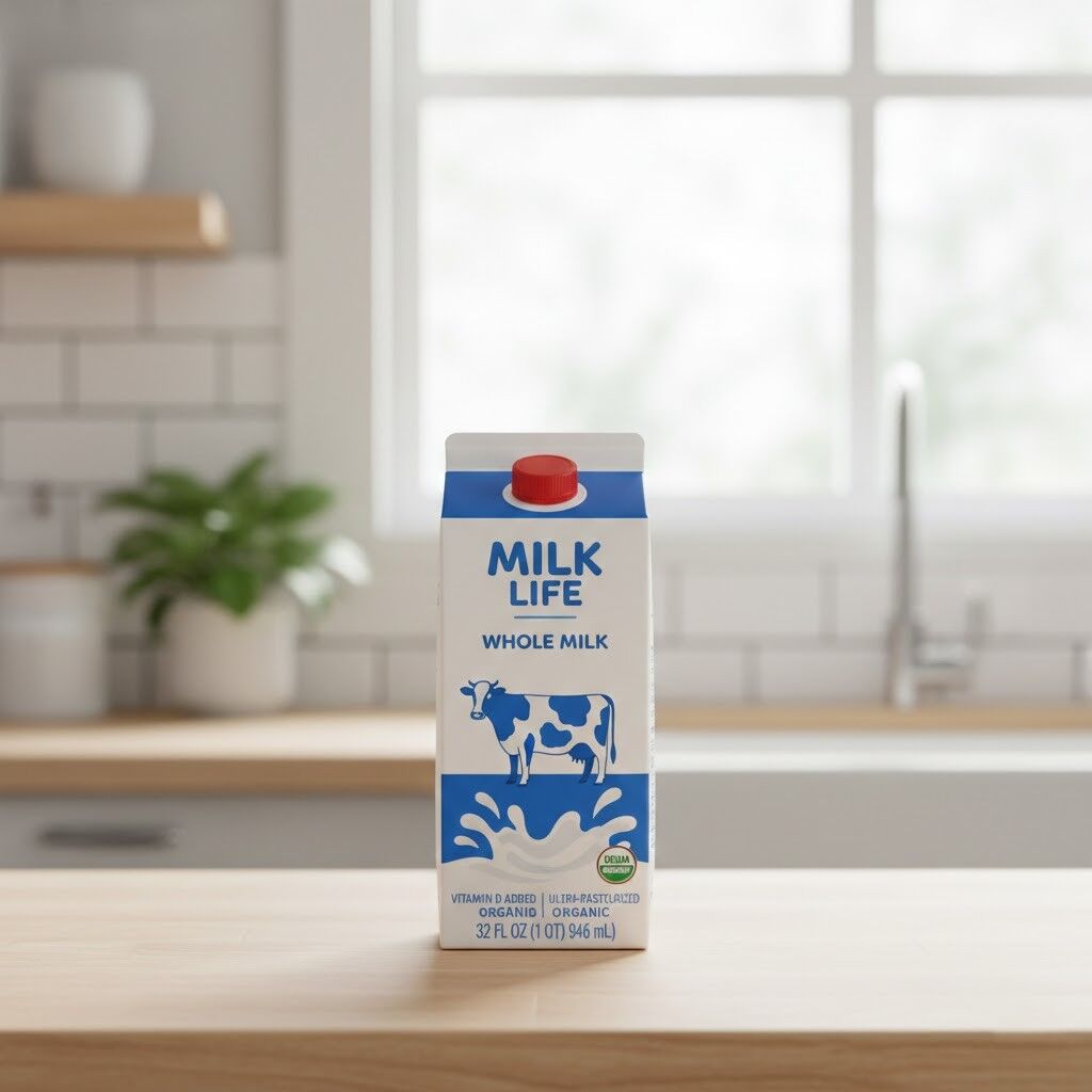 Karton susu utuh Milk Life dengan tutup merah di meja dapur di depan jendela