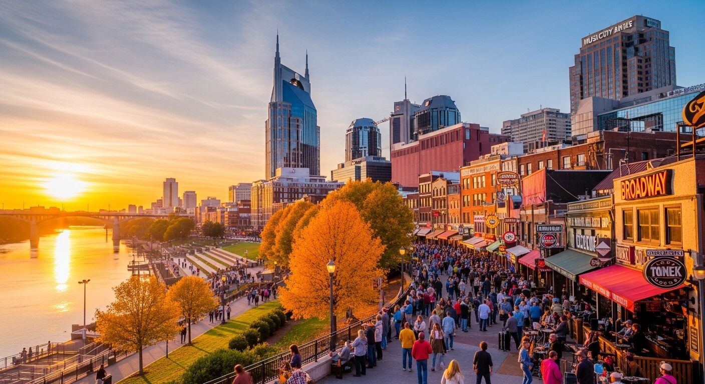 Jalan Broadway yang ramai di Nashville saat matahari terbenam dengan pepohonan musim gugur dan cakrawala kota termasuk Gedung AT&T